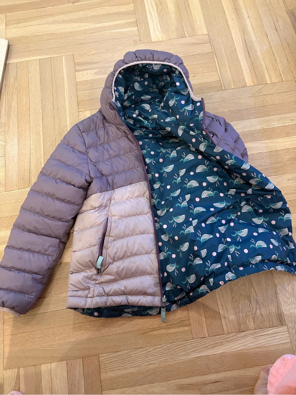 Patagonia Girls' Two-Tone Mauve Puffer Jacket with Teal Printed Lining